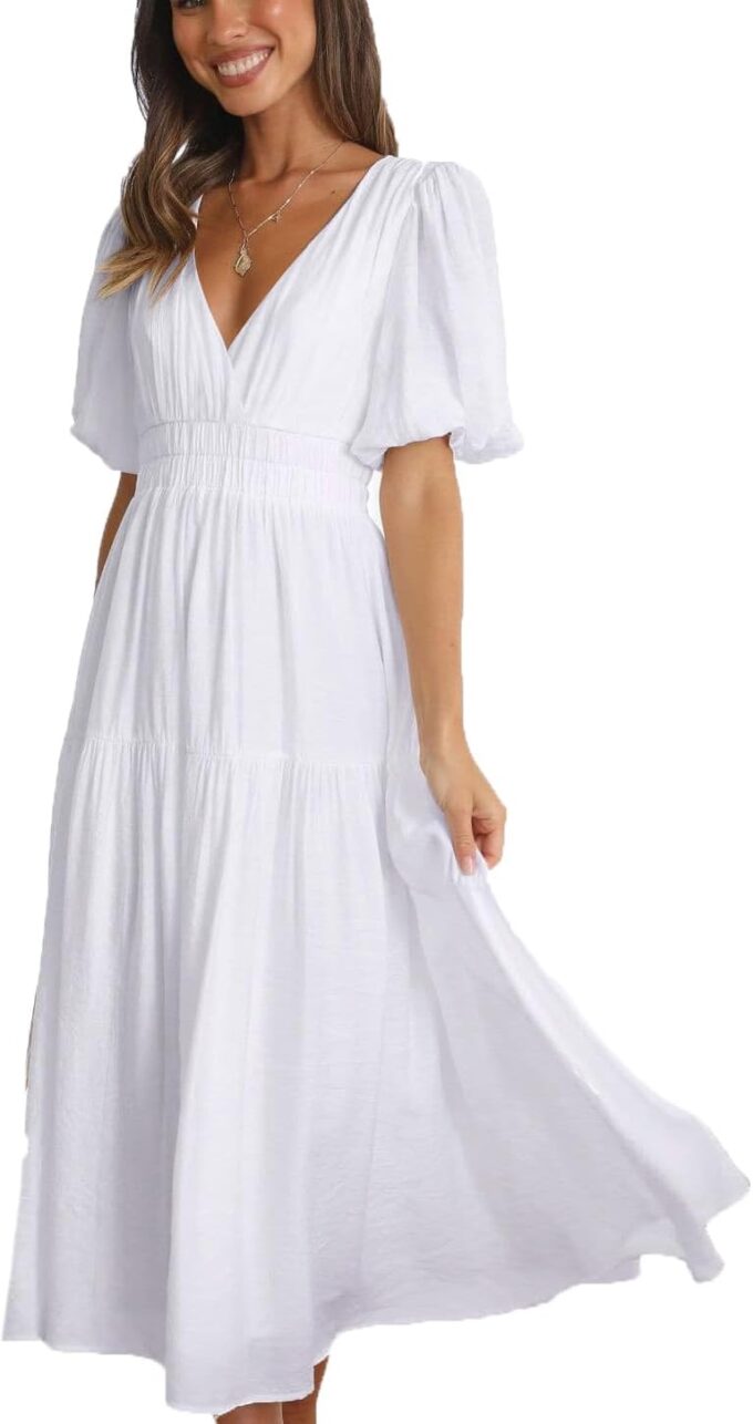 Womens Deep V Neck Puff Short Sleeve Tired Maxi Dress Flowy Swing Long Summer Dresses