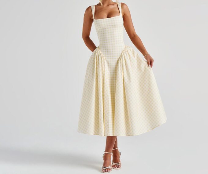 Summer Gingham Long Dress Corset Square Neck Lace Up Casual Sundress Backless A Line Short Dresses for Women – Bild 4