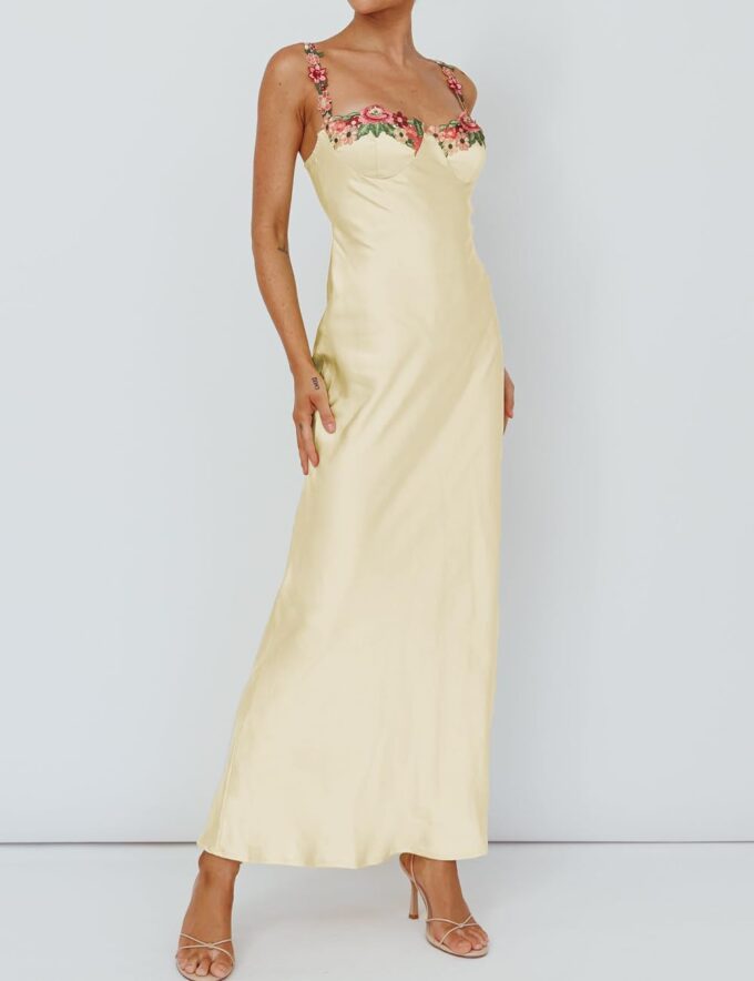 Sexy Satin Spaghetti Strap Floral Embroidered Maxi Dress for Women Sweetheart Neckline Backless Sleeveless Slit Midi Dress – Bild 5
