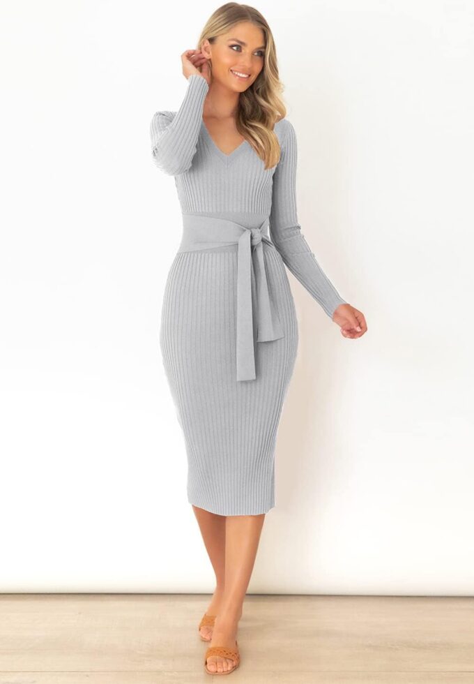 Yuanlar Damen Elegant V Ausschnitt Langarm Fliege Strick Bodycon Slim Fit Midi Kleid Bleistiftkleid – Bild 2