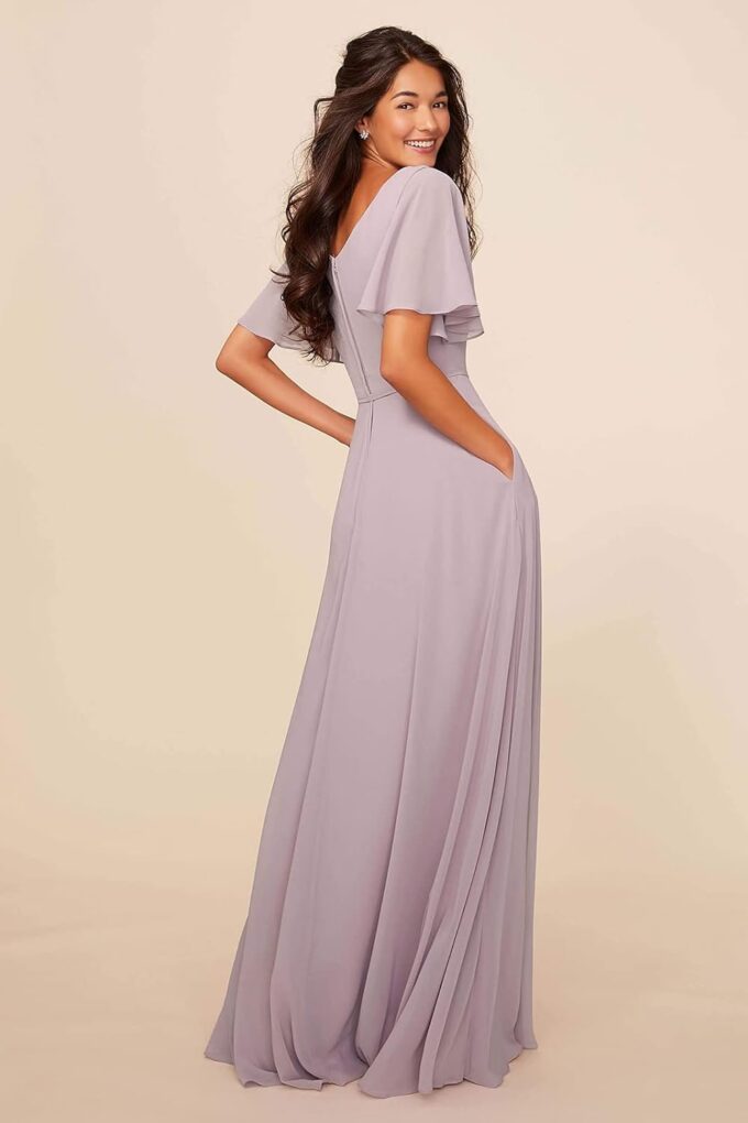 Flutter Sleeve Bridesmaid Dresses with Pockets Sash for Women 2025 Chiffon Wedding Formal Evening Gown – Bild 2