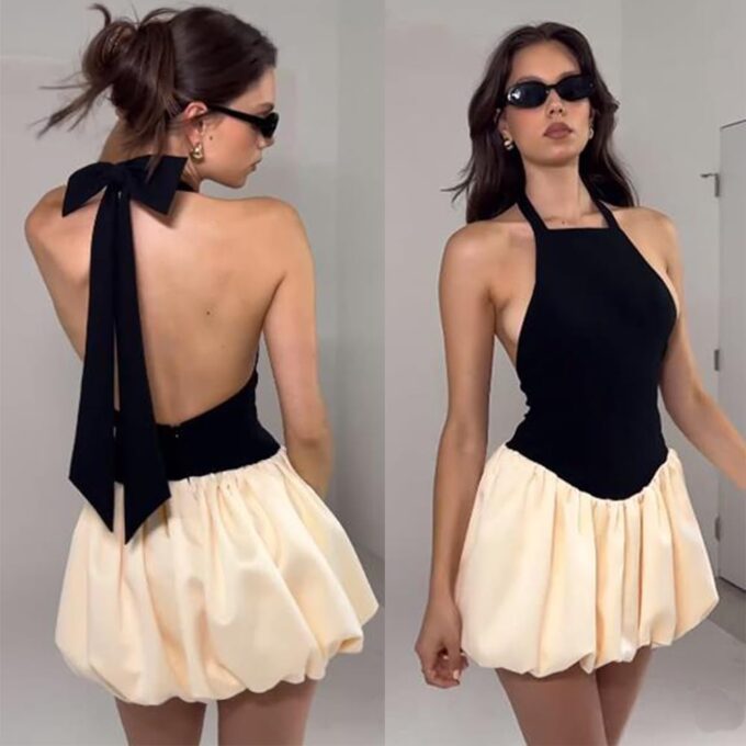 Women Bubble Halter Mini Dress Ruffle Balloon Backless Puffy Dress – Bild 6