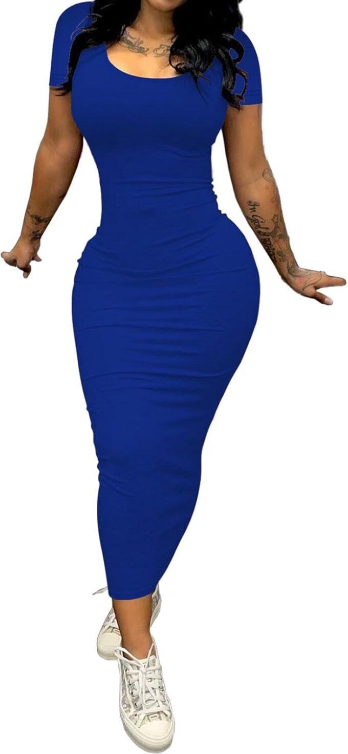 PINSV Women's Casual Bodycon Maxi Dress Summer Scoop Neck Short Sleeve Long Fitted Dresses Club Party – Bild 2