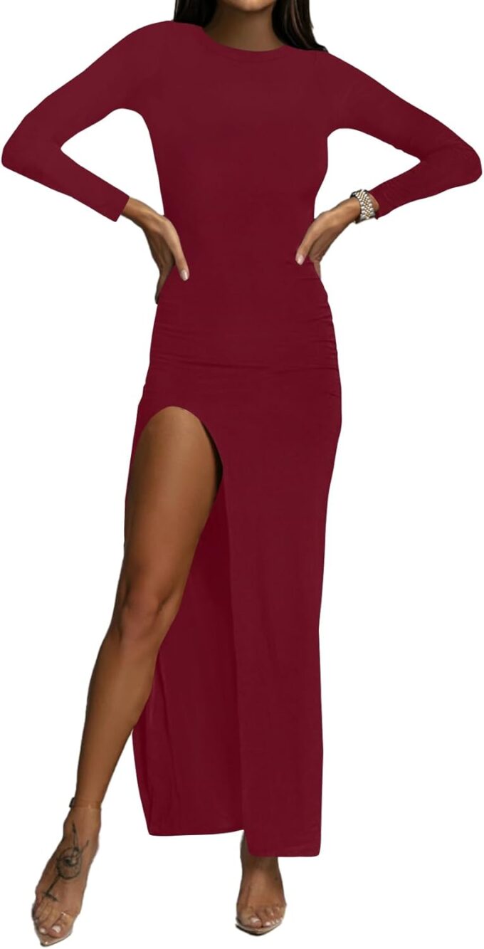 LYANER Women's Mock Neck Long Sleeve Slit Split Hem Cocktail Party Long Dress