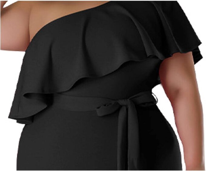 SOMTHRON Women's Plus Size One Shoulder Dresses Ruffle Short Sleeve Belted Bodycon Cocktail Party Midi Dress – Bild 6