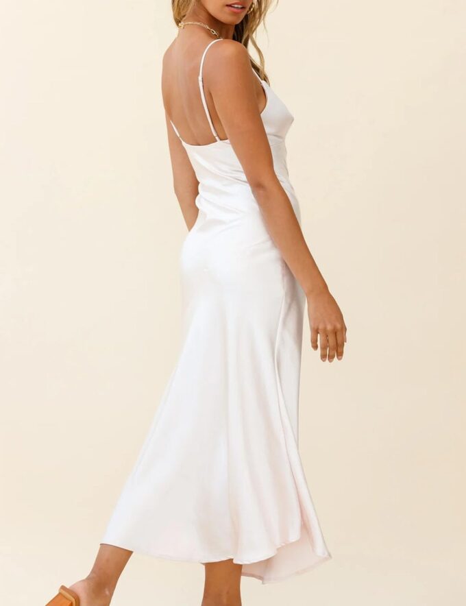 Summer Satin V Neck Silp Midi Dress for Women Wedding Guest 2025 Sexy Spaghetti Strap Backless Long Dresses with Slit – Bild 2
