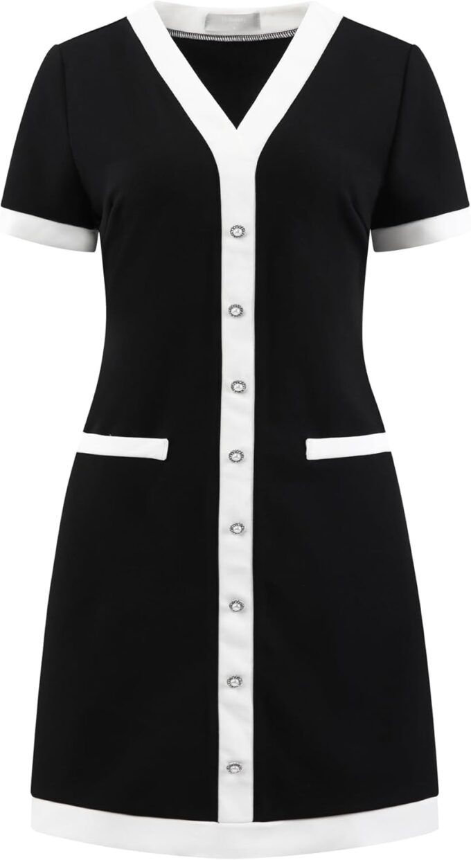 Hobemty Damen Kleid in Kontrastfarbe, V-Ausschnitt, kurze Ärmel, 2025, elegante Arbeit, A-Linie