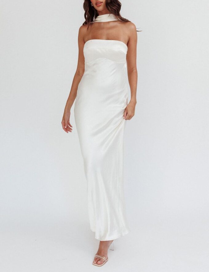 Women's Summer Satin Strapless Tube Top Maxi Dress Elegant Silk Backless Halter Neck Formal Party Dresses Wedding Guest – Bild 4