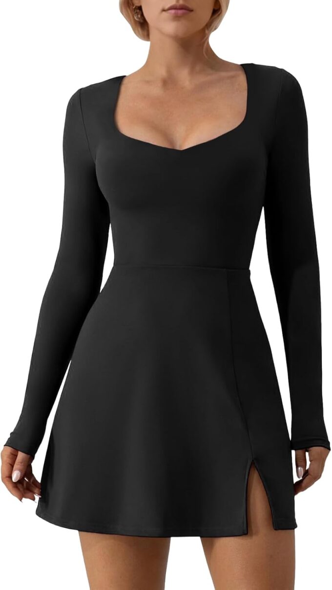 Wenlia Long Sleeve Dresses for Women 2025 Fall Women's Mini Bodycon Sweetheart Neckline Dress with Slit Built in Shorts – Bild 6
