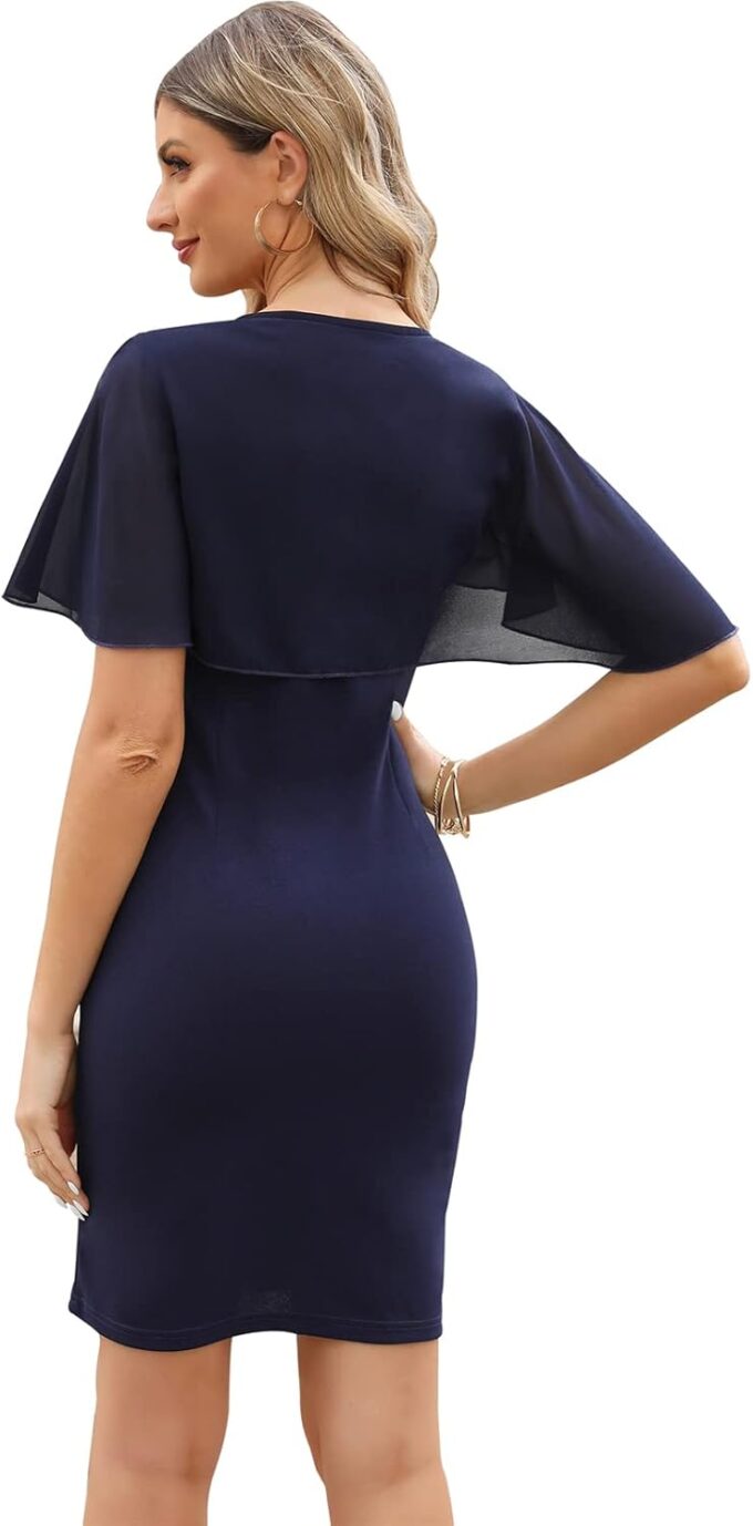 HELYO Women Chiffon Cape Overlay Dress Elegant Round Neck Evening Party Short Cocktail Bodycon Pencil Dress 891 – Bild 2
