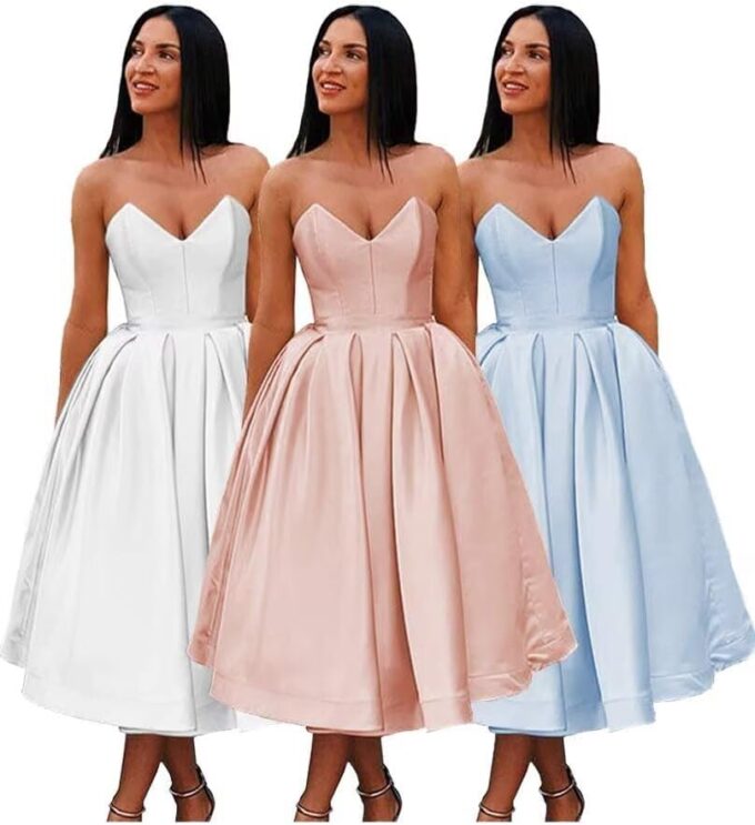 Women’s A Line Strapless Backless Prom Dress, Sleeveless Sweetheart Neck Satin Homecoming Dresses – Bild 6