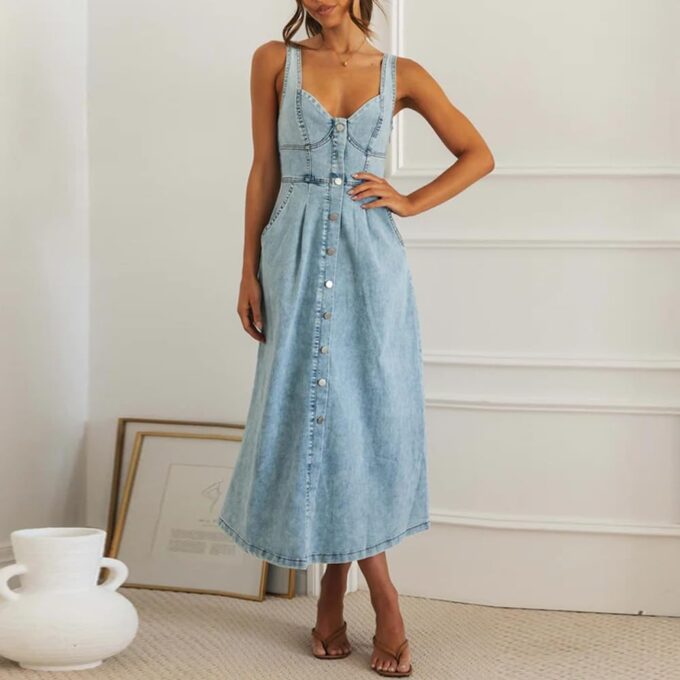 Women's Summer Casual Button Down Denim Dress Sleeveless Slim Fit Midi A-Line Jean Dress – Bild 6