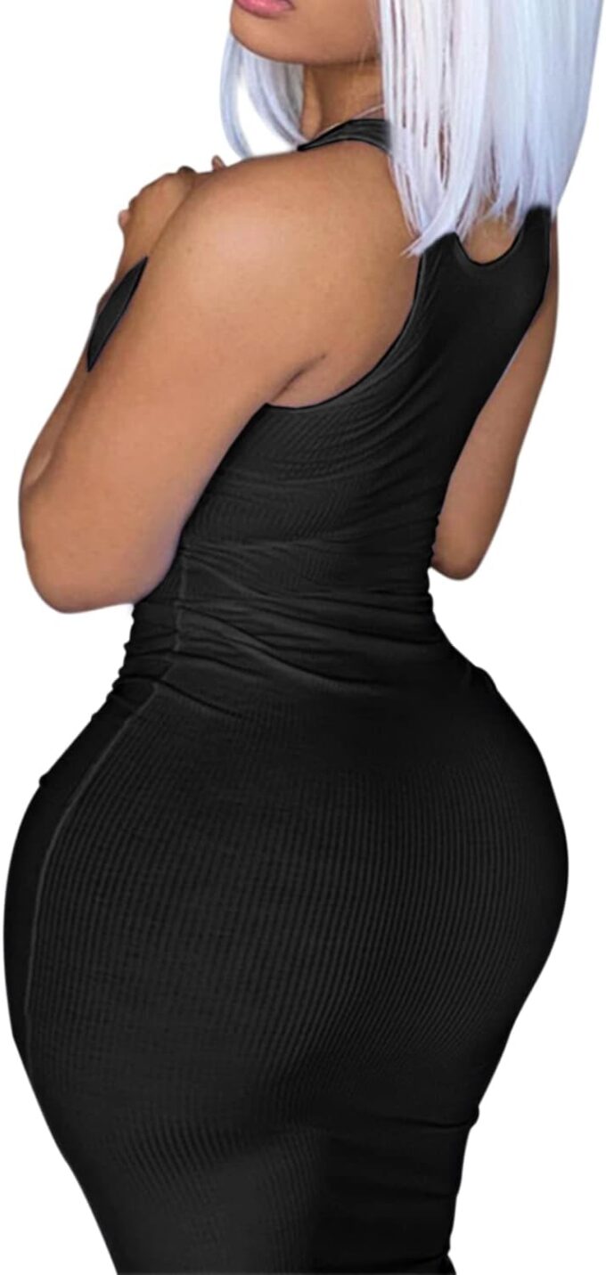 Women Bodycon Maxi Tank Dress, Sexy Deep U Neck Ribbed Solid Color Party Wrap Long Dresses – Bild 4