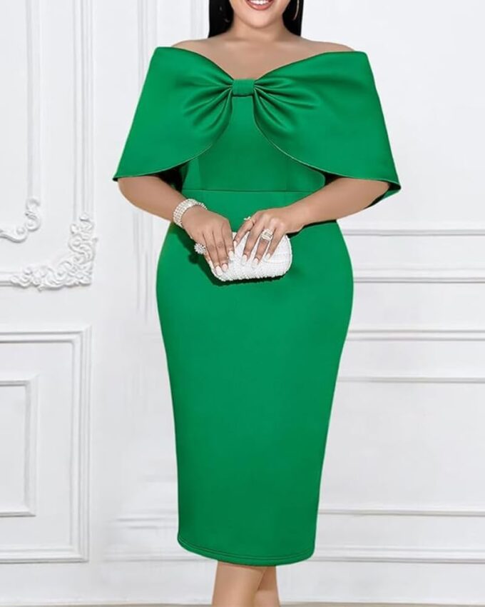 ONTINVA Women Bowtie Off Shoulder Party Formal Bodycon Midi Dresses Elegant Cocktail Event Prom Dress – Bild 2