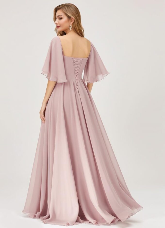 IIF Women's Chiffon Bridesmaid Dresses for Wedding Flutter Sleeves Ruched A Line Long Formal Dress with Slit IIF149 – Bild 2