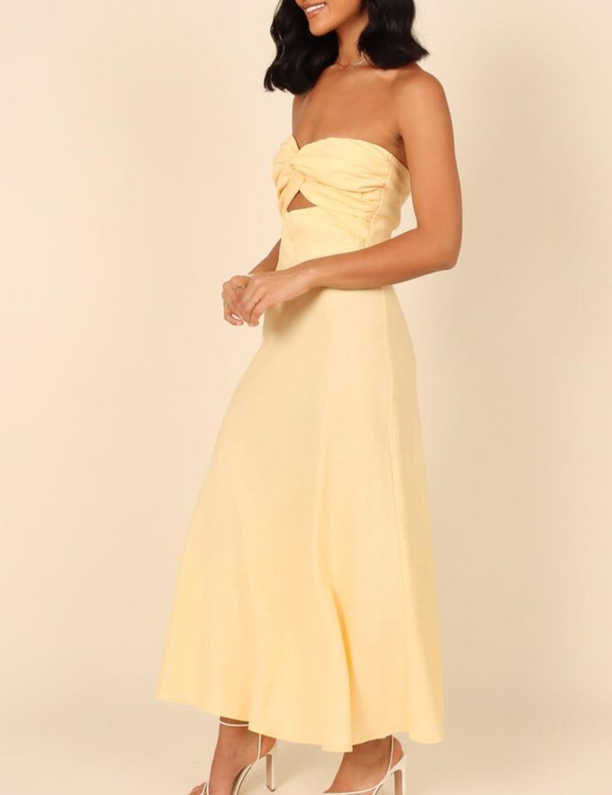 Fiemaoves Sexy Twist Front Strapless Sweetheart Neckline Midi Dresses for Women Smocked Cutout Tube Linen Dress Wedding Guest – Bild 4