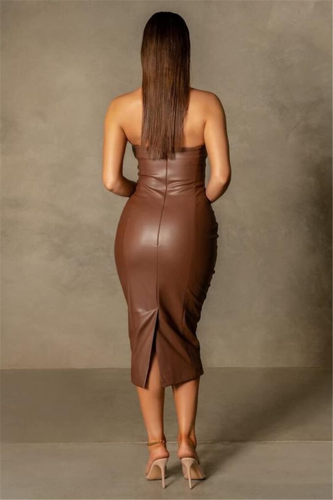 XLLAIS Women Sexy Strapless Tube Top Club Midi Dress Off Shoulder Bodycon Party Faux Leather Dress – Bild 2