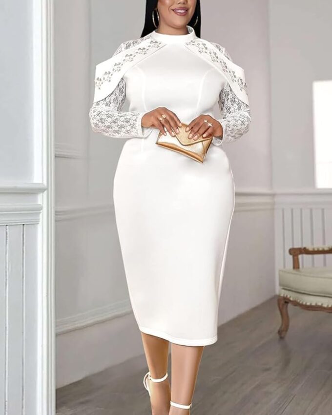 ONTINVA Sexy Elegant Plus Size Turtleneck Lace Long Sleeve Women Bodycon Midi Dress Party Evening Dresses – Bild 2