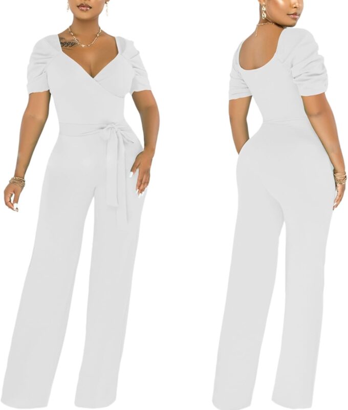 PaladMom Womens Elegant Plus Size Jumpsuits Sexy Back zipper Short Sleeve Mid Waist Wide Leg Straight Rompers – Bild 4