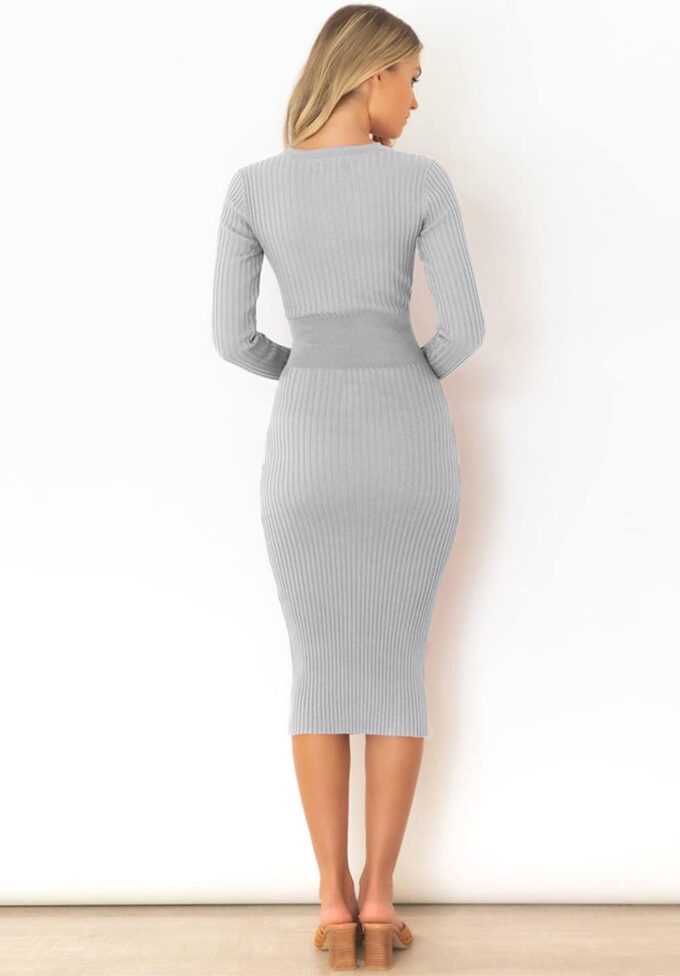 Yuanlar Damen Elegant V Ausschnitt Langarm Fliege Strick Bodycon Slim Fit Midi Kleid Bleistiftkleid – Bild 3