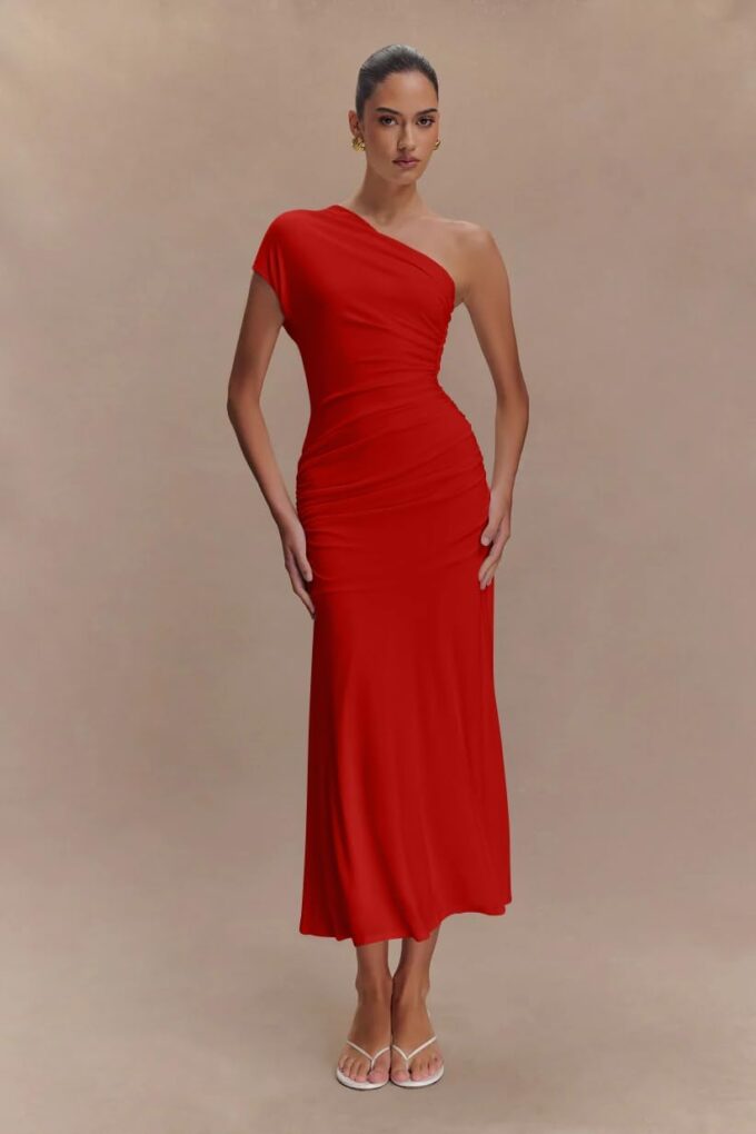 Memoriesea Women's Elegant One Shoulder Sleeveless Ruched Bodycon Cocktail Party Midi Dress – Bild 2