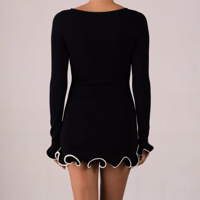 Women Elegant Ruffle Hem Knit Mini Dress Long Sleeve Contrast Color Patchwork Bodycon Short Sweater Dress Fall – Bild 5