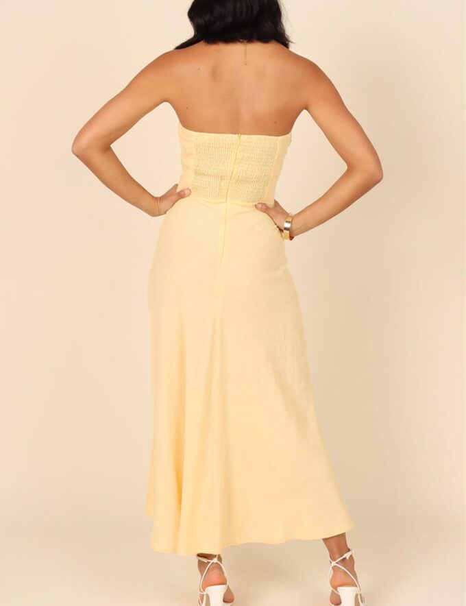 Fiemaoves Sexy Twist Front Strapless Sweetheart Neckline Midi Dresses for Women Smocked Cutout Tube Linen Dress Wedding Guest – Bild 2