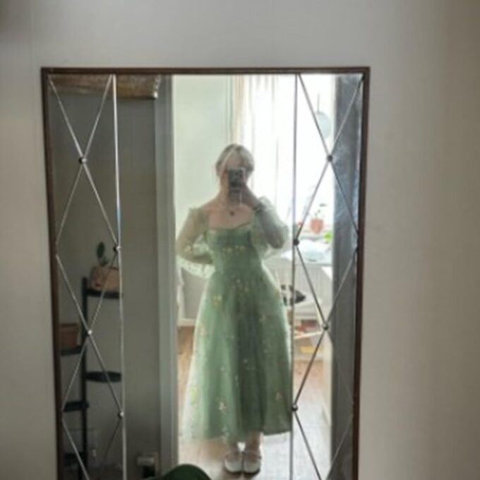 Flower Embroidery Prom Dresses Puffy Sleeve A-line Tulle Evening Party Gowns 2023 Tea Length for Women Formal Long Sleeve Green M – Bild 7