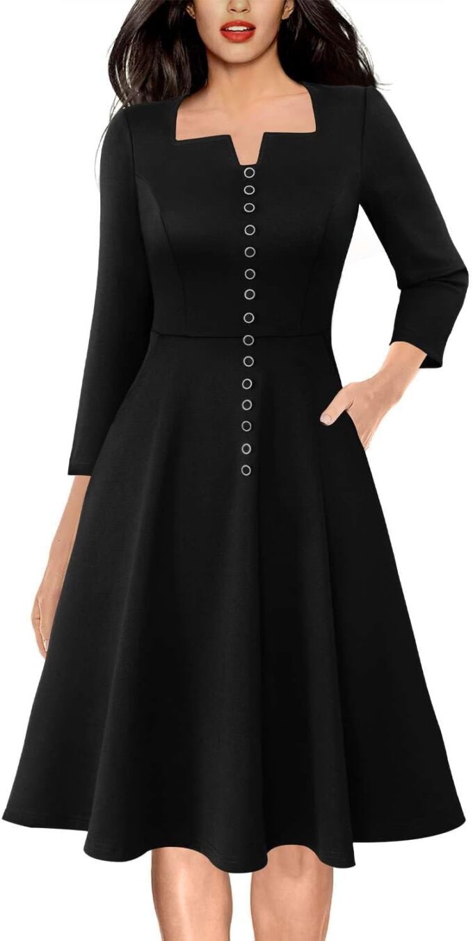 VFSHOW Damen Kleid mit quadratischem Ausschnitt, Kerben, Knöpfe, Businesskleidung, Arbeit, Büro, Taschen, schmale Passform und ausgestelltes A-Linien-Kleid
