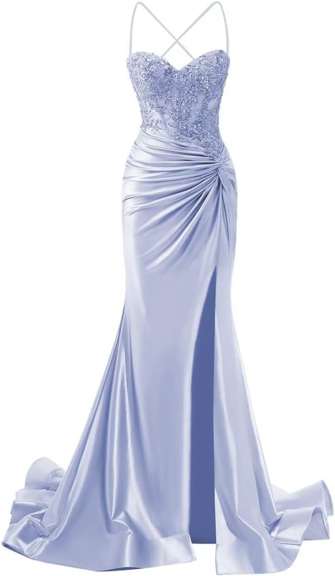Clothfun Mermaid Spaghetti Strap Prom Dresses for Women Satin Lace Applique Ruched Evening Party Gown with Slit CY150 – Bild 5