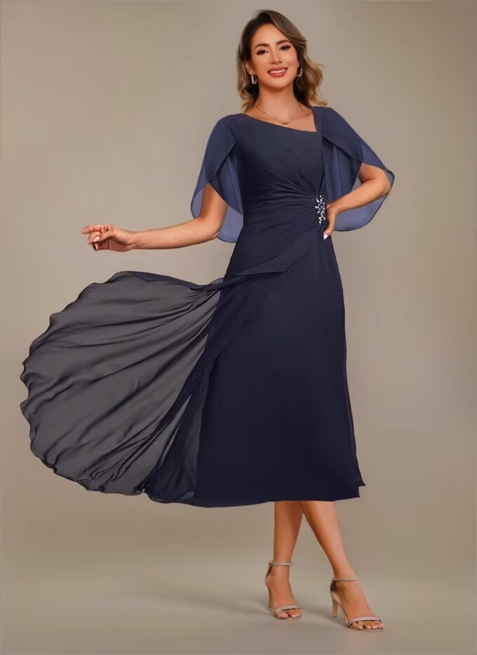 Asymmetrical Neck Mother of The Bride Dresses 2025 for Wedding Chiffon Short Flutter Sleeve Formal Evening Gown PU268 – Bild 3