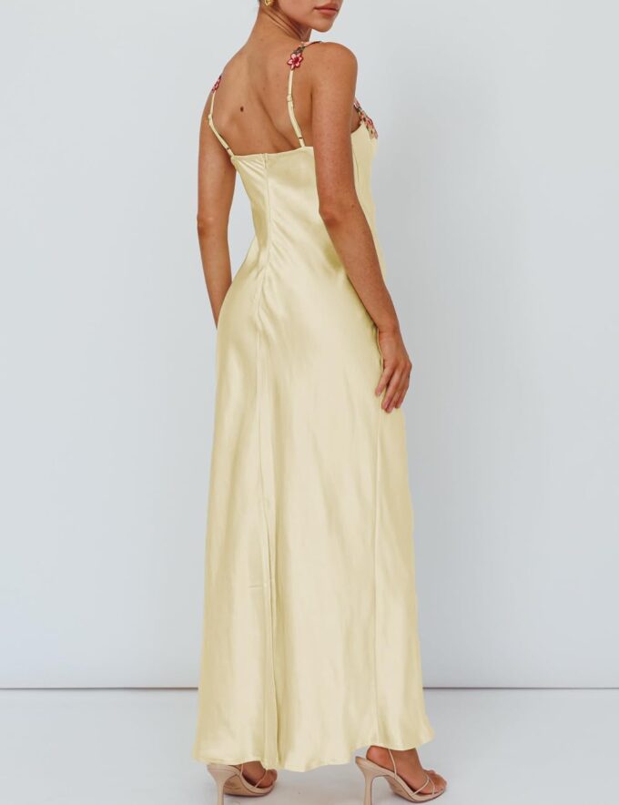 Sexy Satin Spaghetti Strap Floral Embroidered Maxi Dress for Women Sweetheart Neckline Backless Sleeveless Slit Midi Dress – Bild 4