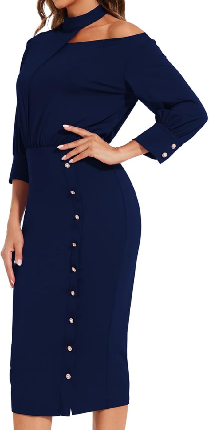 Klassisches Kirchenkleid für Damen, Glockenärmel, Vintage-Stil, für Arbeit, Cocktail, Business, Split-Bleistiftkleid