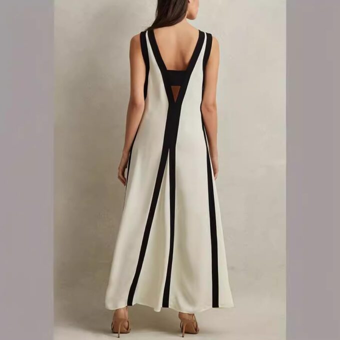 Women's 2025 Summer Sexy Maxi Dress Sleeveless V Neck Color Contrast Hollow Swing Cocktail Party Holiday Dresses – Bild 4