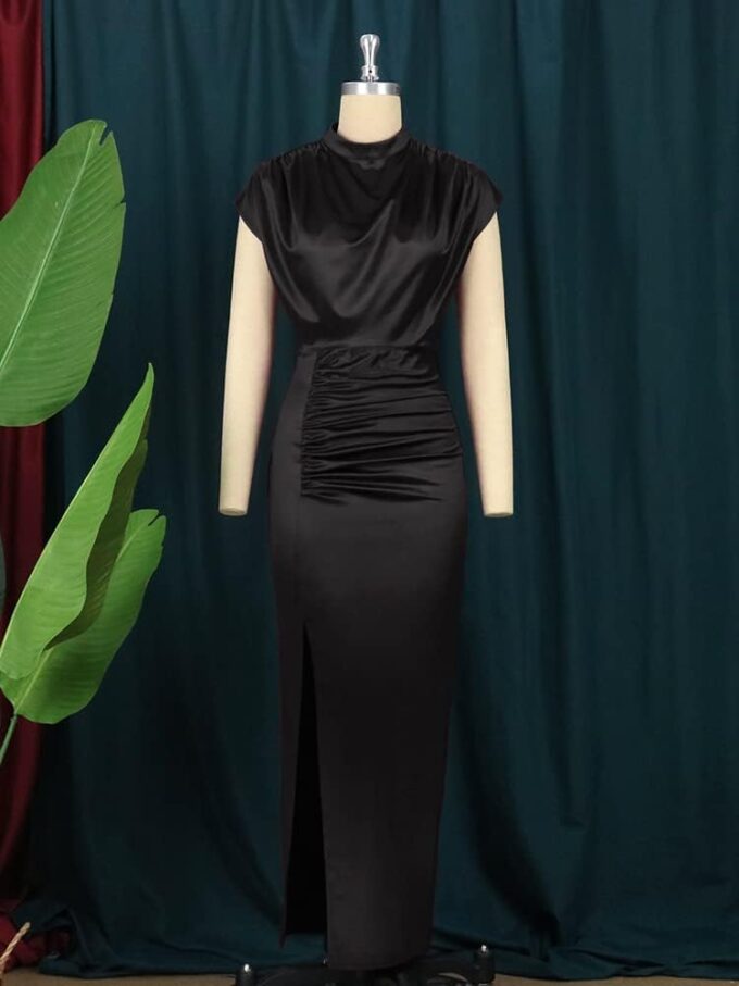 AOMEI Women's Cap Sleeve High Waist Ruched Slit Slim Elegant Long Satin Formal Dress – Bild 3