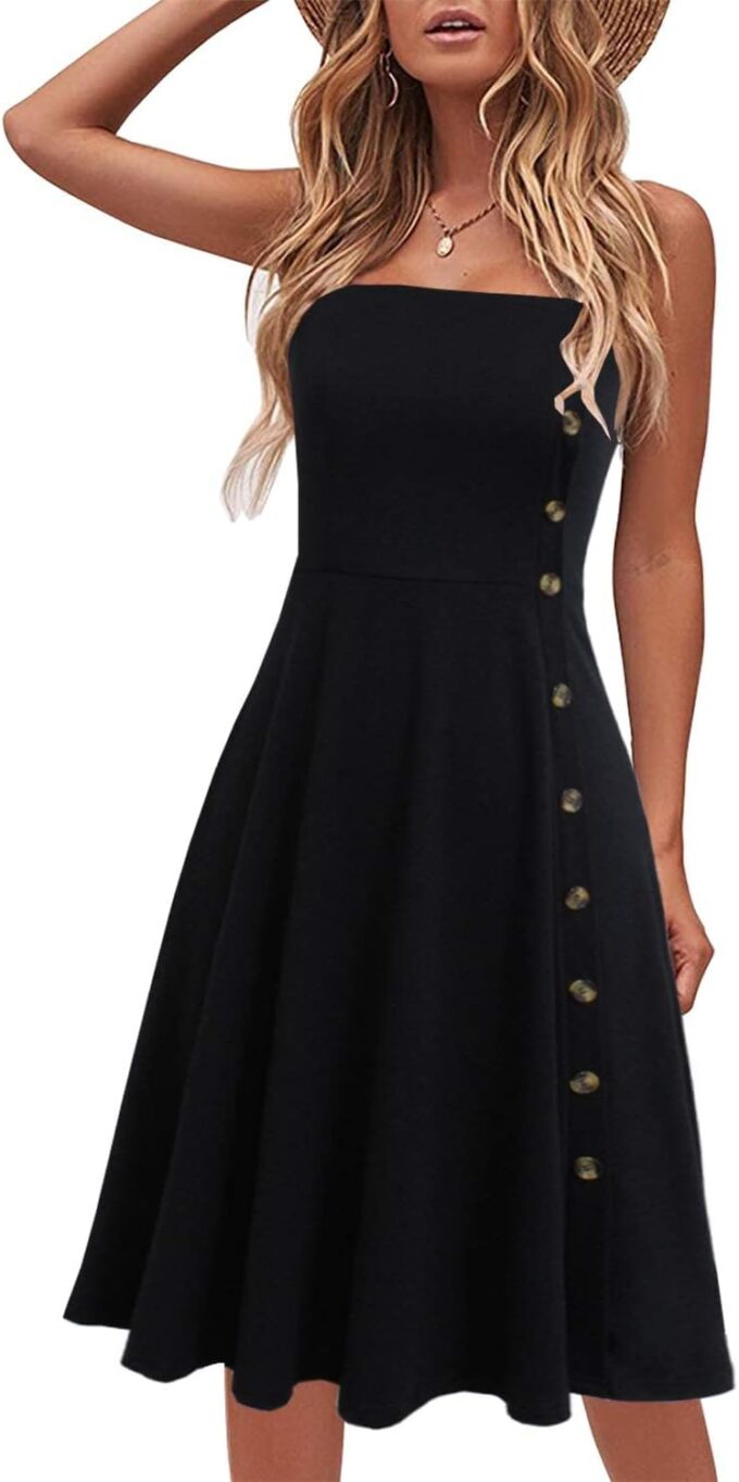Women's Casual Summer Beach Flattering Flowy A-Line Spaghetti Straps Solid Cotton Button Down Midi Sundress