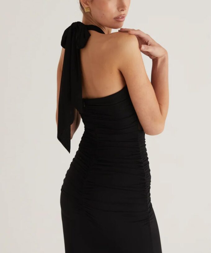 Women's Sexy Halter Backless Maxi Dress Mesh Patchwork Hollow Out Sleeveless Bodycon Ruched Cocktail Formal Long Dresses – Bild 5