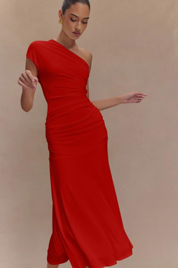Memoriesea Women's Elegant One Shoulder Sleeveless Ruched Bodycon Cocktail Party Midi Dress – Bild 5
