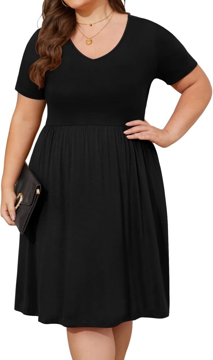 DB MOON Women Plus Size Dresses 2025 Summer Casual V Neck Short Sleeve Knee Length Dress with Pockets XL – Bild 2