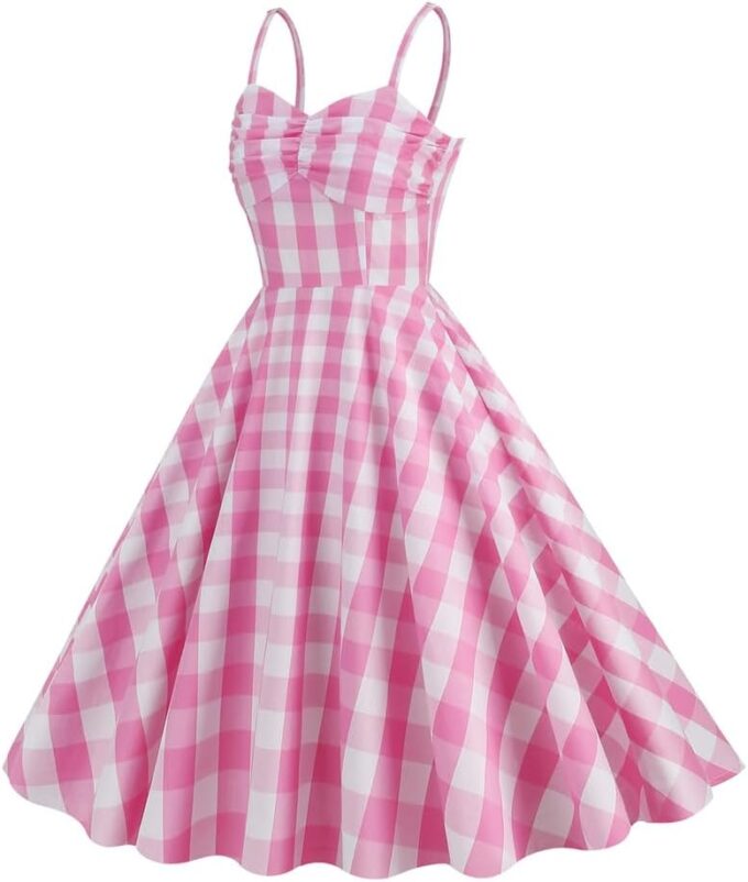 Pink Gingham Dress for Women Vintage Rockabilly 1950s Spaghetti Strap A-Line Swing Midi Cocktail Party Pageant Dress – Bild 2