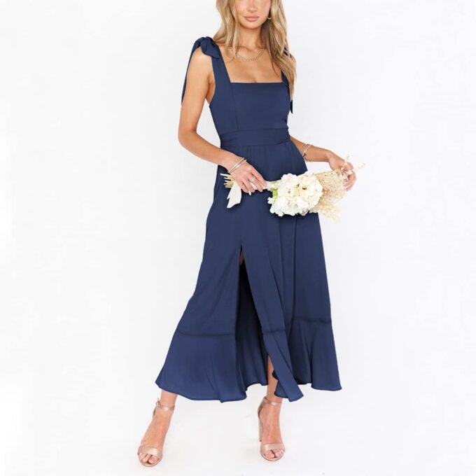 Women's Square Neck Spaghetti Straps Ruffle Split Midi Formal Dress Elegant Wedding Guest Cocktail Party Bridesmaid Dress – Bild 2
