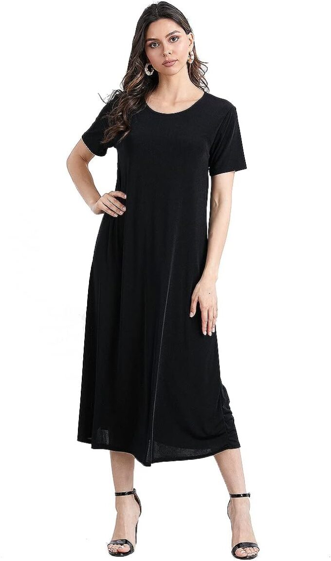 Jostar Women's Basic Midi Dress – Short Sleeve Basic Stretch Casual Swing Flowy T Shirt Long One Piece