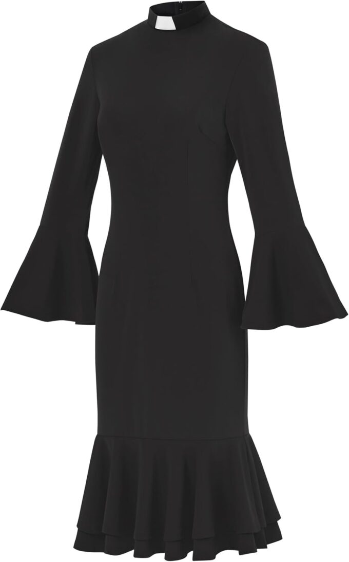 Women's Bell Sleeve Church Dress Clergy Fishtail Tab Insert Collar Priestess Dress – Bild 2