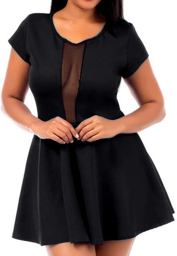 810 - Plus Size Peek a Boo Mesh Panel Short Club Cocktail Plunge Dress/Top