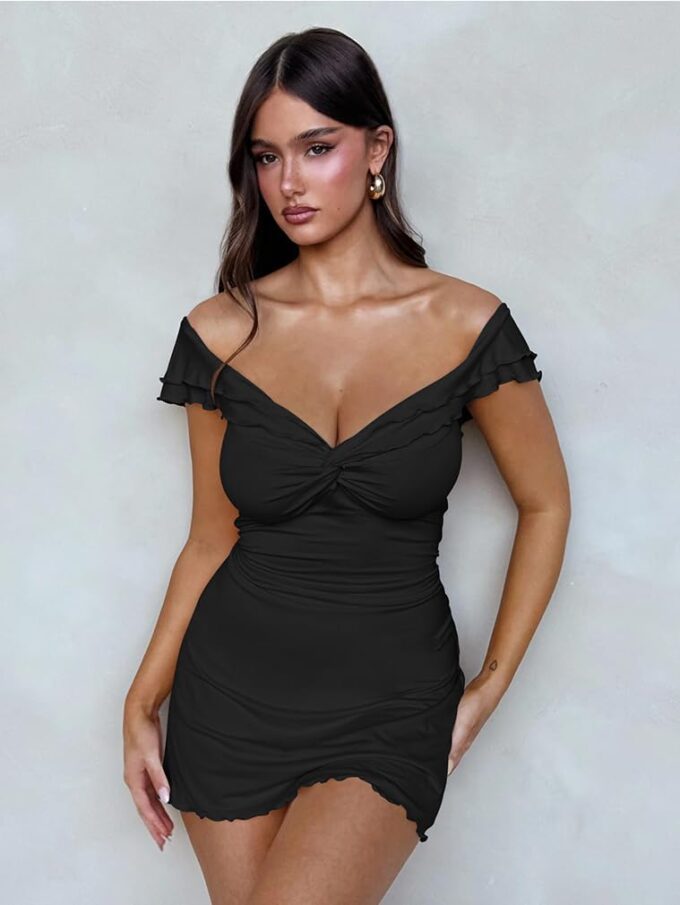 XXTAXN Women's Sexy Ruffle Sleeve V Neck Wrap Cocktail Bodycon Mini Dress – Bild 7