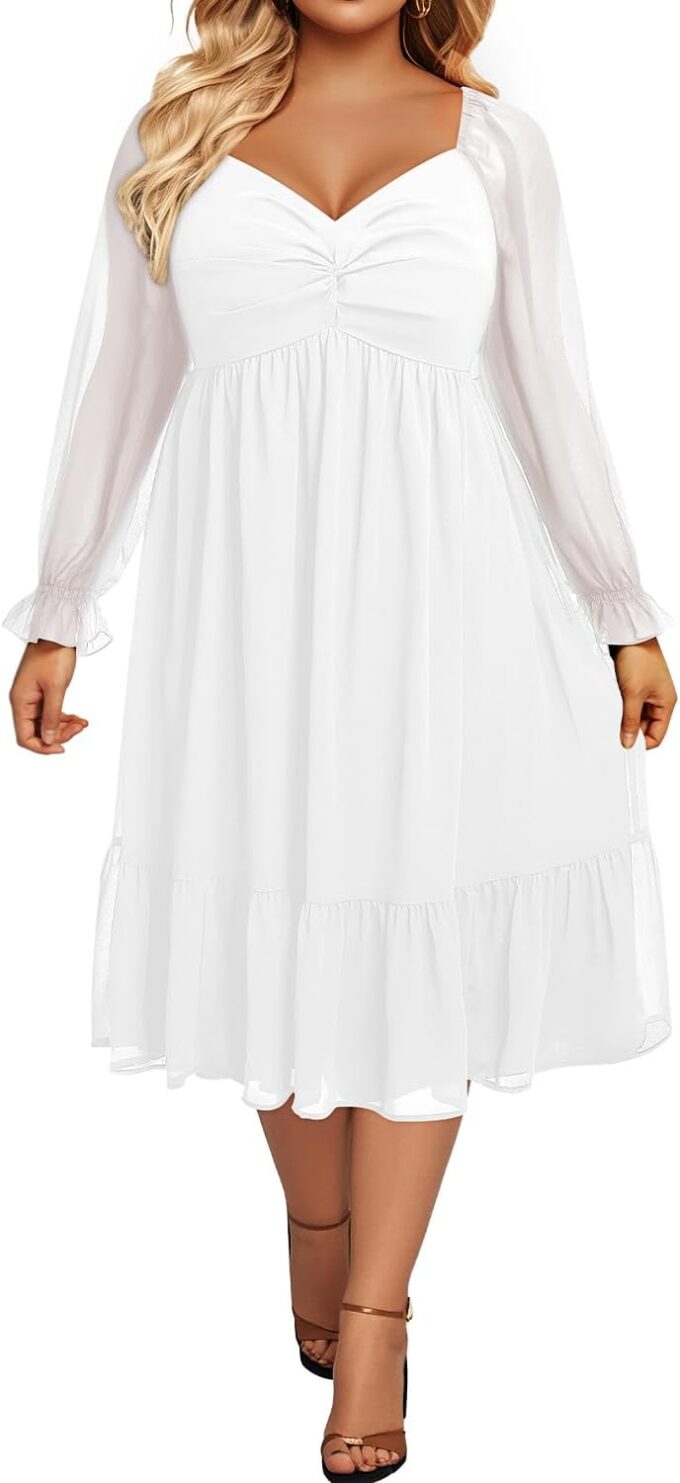 Plus Size Dresses Sweetheart Neckline Long Sleeves Chiffon Party Cocktail A Line Curvy Womens Midi Dress – Bild 2