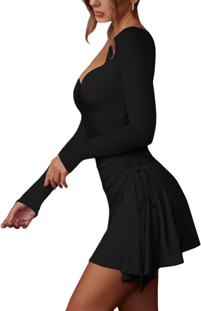 MAYFASEY Women's Sexy Square Neck Long Sleeve Drawstring Ruched Bodycon Mini Dress Club Party Short Dresses – Bild 4