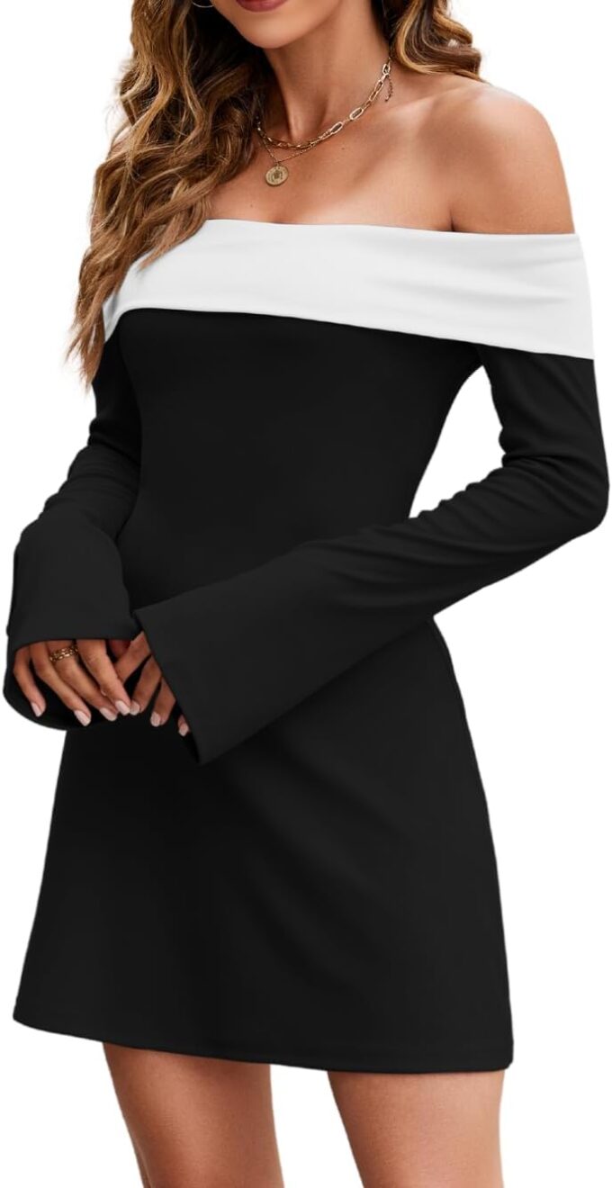 Off The Shoulder Bell Sleeve Corset Dress, Color Block Folded Neck, Cocktail Semi Formal HOCO Dresses for Women