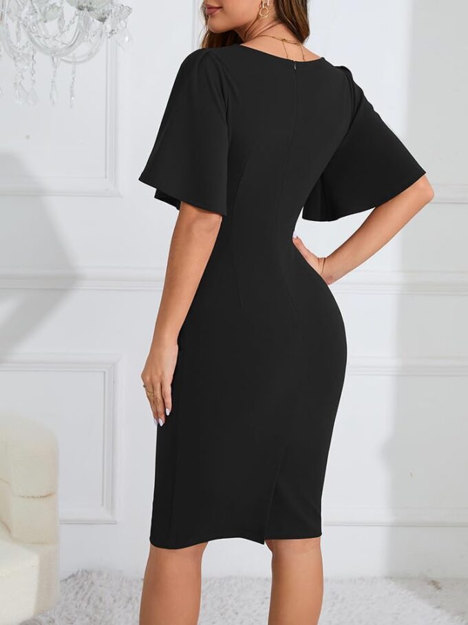 IHOT 2024 Women's Vintage Ruffle Short Sleeve Ruched Bodycon Cocktail Party Work Dress – Bild 4