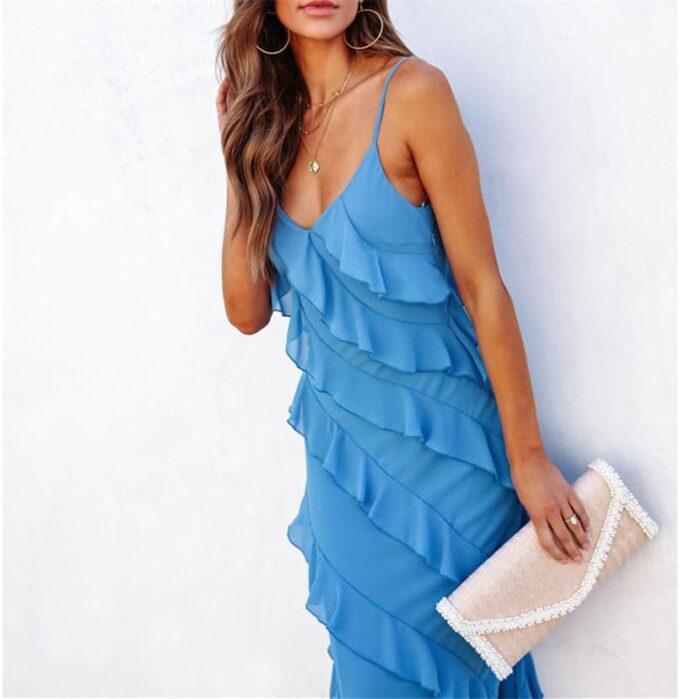 Women Summer Elegant Sling Midi Ruched Bodycon Dress Solid Color Backless Slim Party Cocktail Dresses – Bild 5
